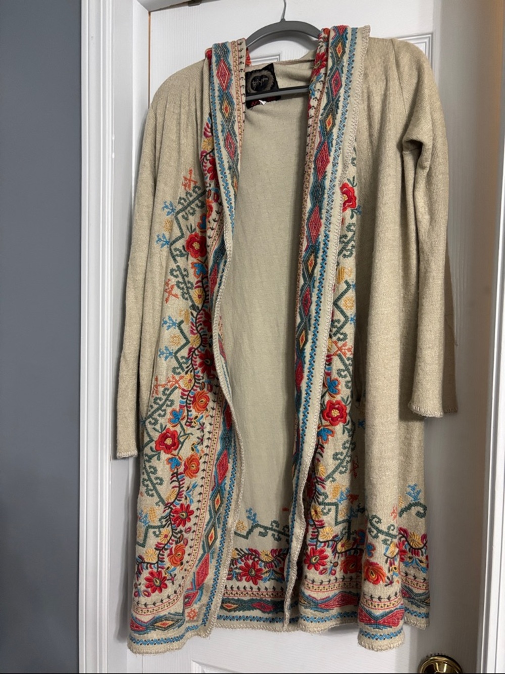 Johnny Was Biya Boho Open-Front Floral Embroidered Hooded Duster Cardigan Beige